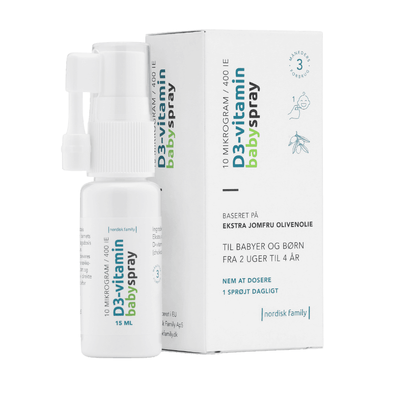 Nordisk Family D3-vitamin babyspray, 15 ml flaske og kartonpakning